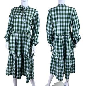 LJC Designs Bellagio Cotton Green Gingham Plaid Peasant Midi NEW Pullover Dress